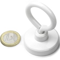 neodymium pot magnet white Ø 40,3 mm with eyelet, holds approx. 48 kg