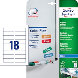 Magnetic labels printable J8871-5 90 magnetic Avery labels, size 78 x 28 mm, printable on inkjet printers, for labelling metal shelves, whiteboards, etc.