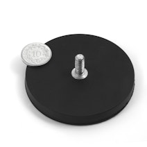 neodymium magneetsysteem Ø 66 mm met zwarte rubber coating met draadeind, houdt ca. 25 kg