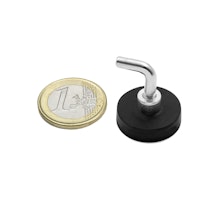neodymium magnet system Ø 22 mm black rubber-coated with L-hook (hook magnet), holds approx. 5,9 kg