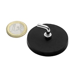 BD-FTNG-LHK-43 neodymium magnet system Ø 43 mm black rubber-coated with L-hook (hook magnet), holds approx. 10 kg, thread M4