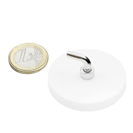 BD-FTNGW-LHK-43 neodymium magnet system Ø 43 mm white rubber-coated with L-hook (hook magnet), holds approx. 10 kg, thread M4